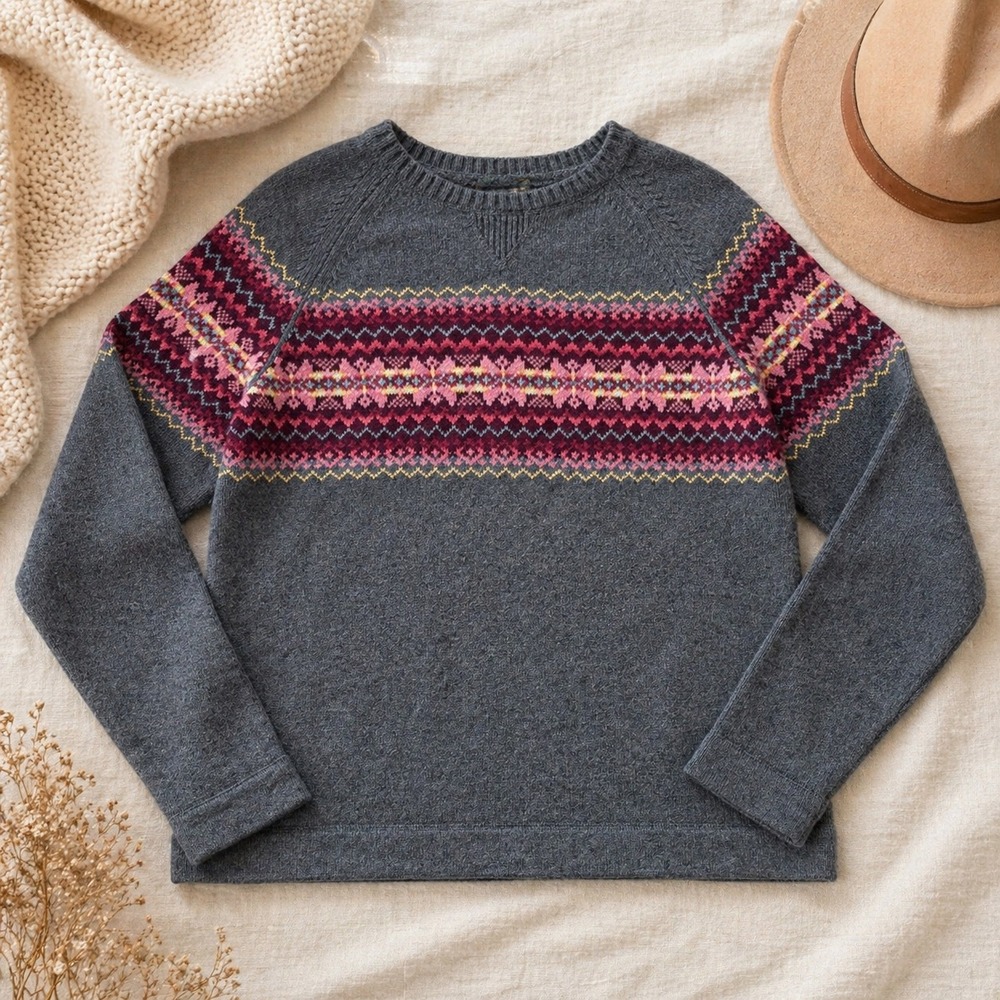 Eddie Bauer Womens Gray Fair Isle Cotton Angora Blend Pullover Sweater Medium
